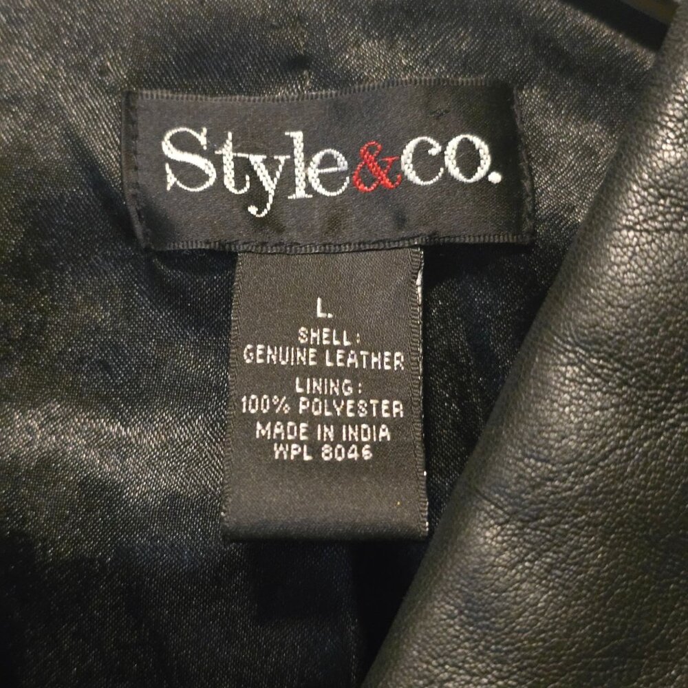 Vintage 90s Style & Co. Genuine Leather Long Waisted Black Jacket, Sz L - Picture 7 of 7